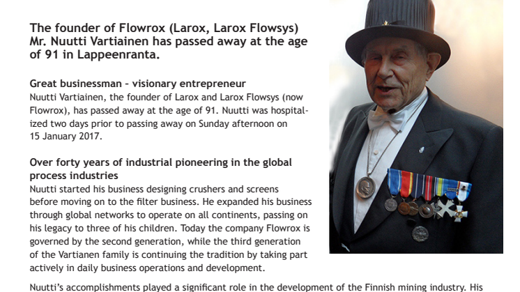End of an era at Flowrox – Founder Nuutti Vartiainen has passed away