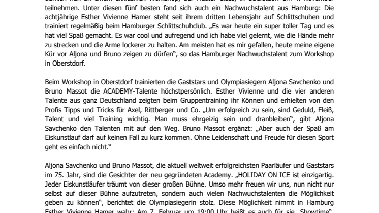 HOLIDAY ON ICE ACADEMY: Hamburger Nachwuchstalent trainiert mit Idolen Aljona Savchenko und Bruno Massot  
