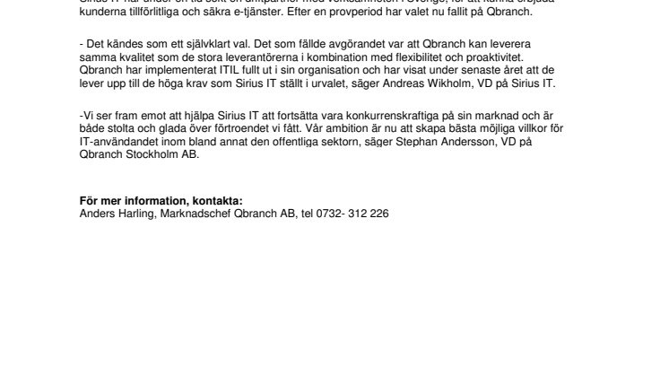 SIRIUS IT HAR VALT QBRANCH SOM DRIFTPARTNER FÖR E-TJÄNSTER