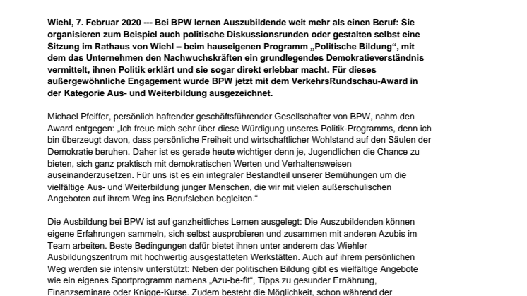 VerkehrsRundschau-Award für BPW Ausbildungsprogramm „Politische Bildung“