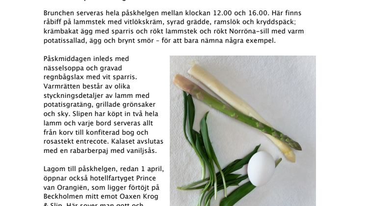 Påskmeny i Slipen och premiärhelg på hotell Prince van Orangiën