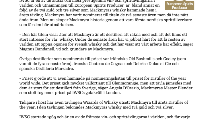 Mackmyra bäst i Europa enligt experterna