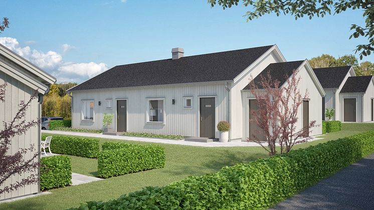 3D bild Stehag hustyp B 2 st 2RoK fasad mot norr, entre