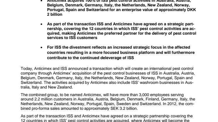 Anticimex acquires parts of ISS Pest Control activities