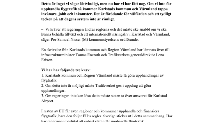 Karlstads kommun och Region Värmland har fått nog – vi måste få upphandla flygtrafik!