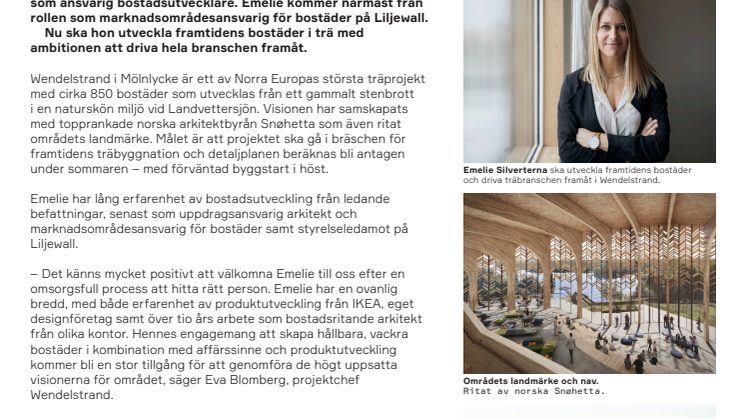 Arkitekten Emelie Silverterna ny bostadsutvecklare för Wendelstrand