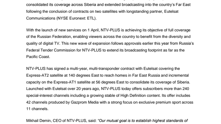 NTV-PLUS and Eutelsat strengthen relationship across Russia’s key video neighbourhoods 