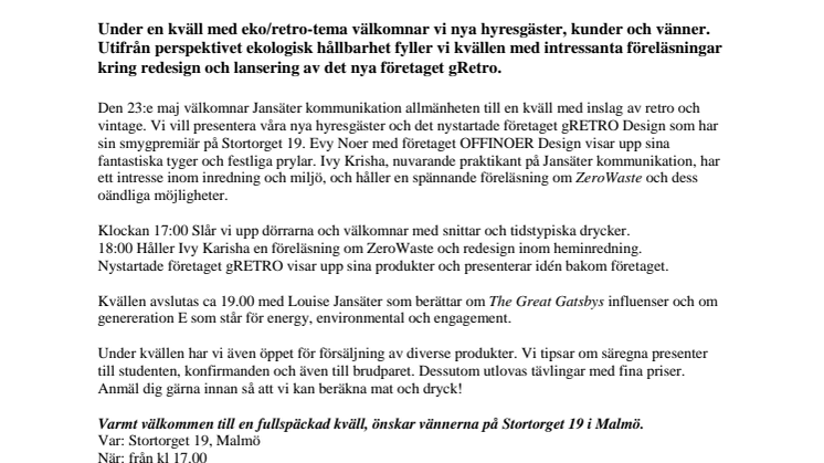 Pressinbjudan till en eko/retro-kväll i hållbarhetens tecken den 23 maj i Malmö