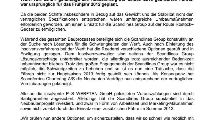Scandlines kündigt Neubauten-Verträge bei der insolventen P+S WERFTEN GmbH