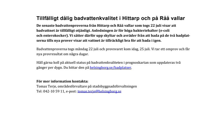 Tillfälligt dålig badvattenkvalitet i Hittarp och på Råå vallar