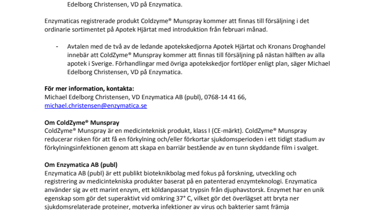 Enzymatica: ColdZyme® Munspray mot förkylning introduceras på Apotek Hjärtat