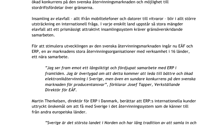 Elektronikåtervinning i Sverige (EÅF) ingår samarbete med Europeisk miljögigant