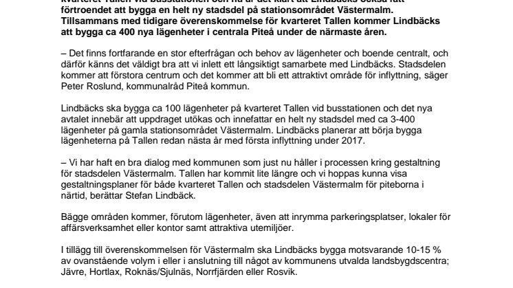 Lindbäcks bygger ny stadsdel i centrala Piteå