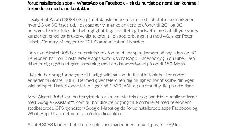 TCL Communication introducerer Alcatel 3088 i Norden – smart telefon med knapper og 4G 