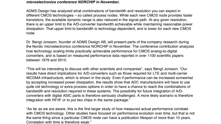 New CMOS technologies restrict high-performance A/D-converters for LTE and multi-carrier WCDMA