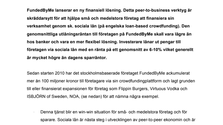 Ny peer-to-business tjänst för svenska företag och nya investeringsmöjligheter för sparare