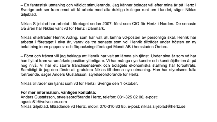 Niklas Siljeblad ny vd på Hertz i Sverige