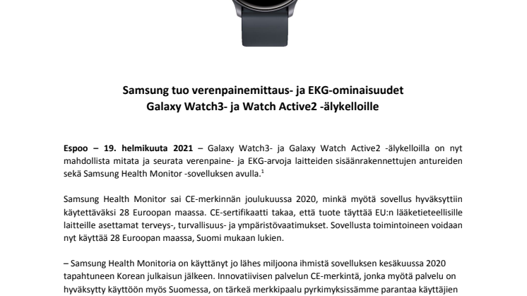 Samsung tuo verenpainemittaus- ja EKG-ominaisuudet Galaxy Watch3- ja Watch Active2 -älykelloille