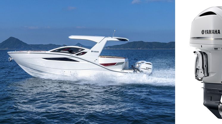 意匠を一新した「SR330」（写真左）とV6型4.2L　4ストローク船外機(ホワイトカラー仕様)