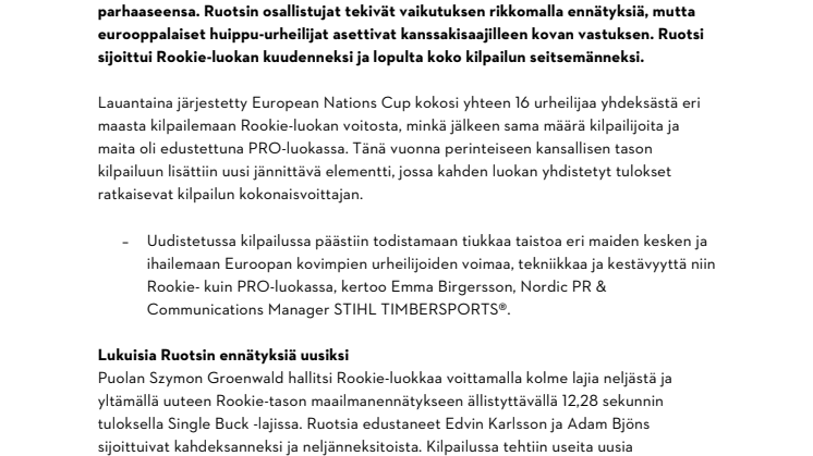 Puola on STIHL TIMBERSPORTS® European Nations Cup 2021 –kilpailun voittaja, Ruotsi selviytyi seitsemännelle sijalle..pdf