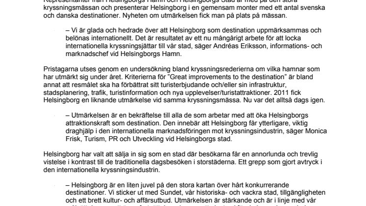 Helsingborg får hedersutmärkelse vid internationell kryssningsmässa i USA