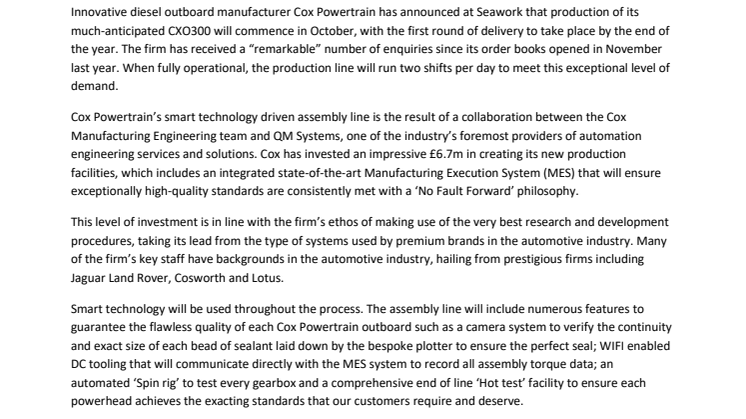 Seawork International: Cox Powertain Announces Release Dates for its Ground-Breaking Diesel Outboards 