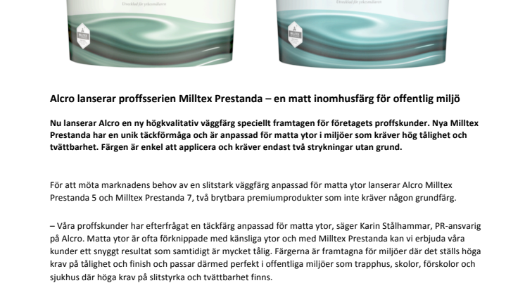 Alcro lanserar proffsserien Milltex Prestanda – en matt inomhusfärg för offentlig miljö
