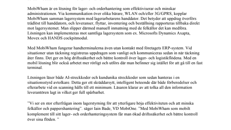 MobiOne lanserar MobiWham för effektivare lager- och logistikflöden