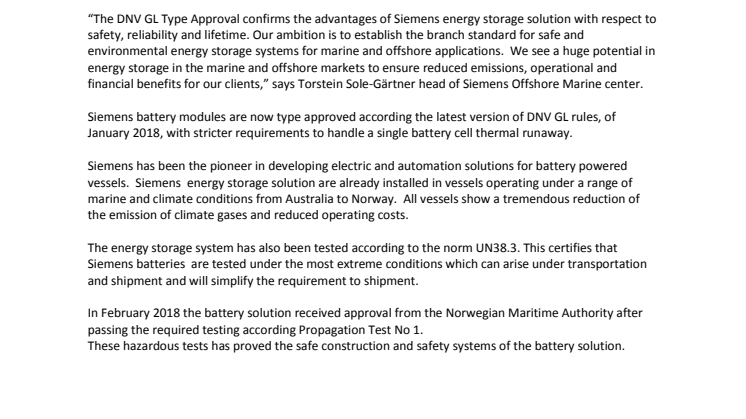 DNV GL har gitt typegodkjenning til Siemens batterier