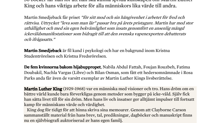 Libris skänker böcker till mottagaren av Martin Luther King-priset