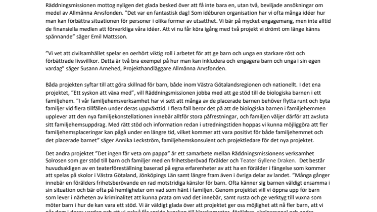 Två beviljade arvsfondsprojekt till Räddningsmissionen