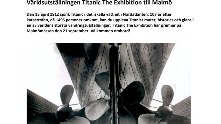 Världsutställningen Titanic The Exhibition till Malmö