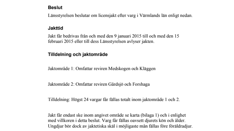 Beslut - Licensjakt på varg 2014-11-28