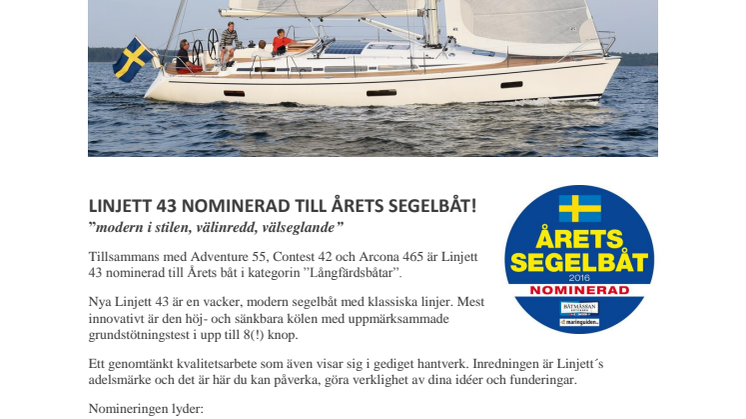 Linjett 43 nominerad till Årets Segelbåt!