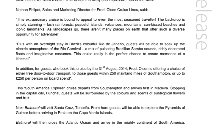 Sun, Sea and Samba await as Fred. Olsen Cruise Lines launches its 2016 ‘South America Explorer’ cruise