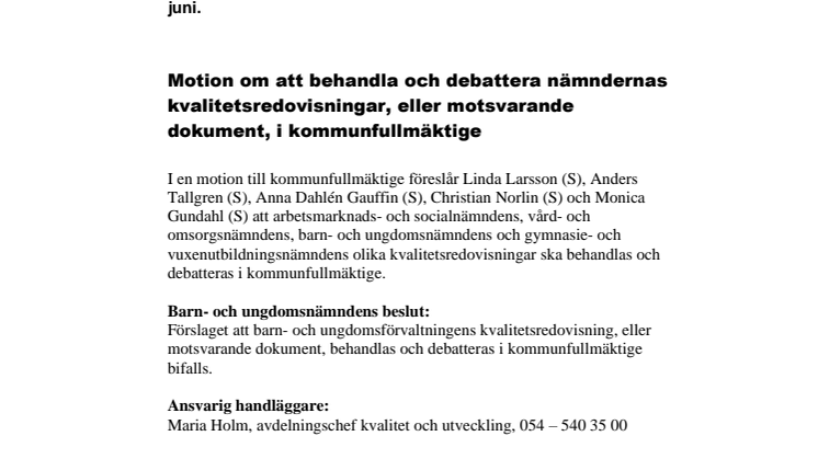 Barn- och ungdomsnämndens beslut i korthet 17 juni