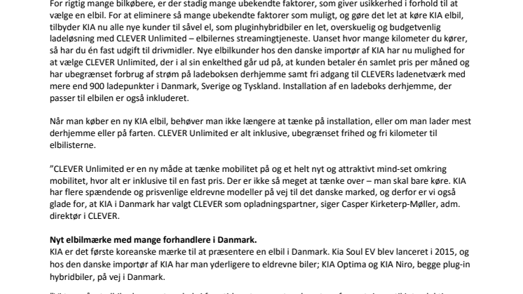 KIA tilbyder i samarbejde med CLEVER ubegrænset strøm til sine elbilskunder