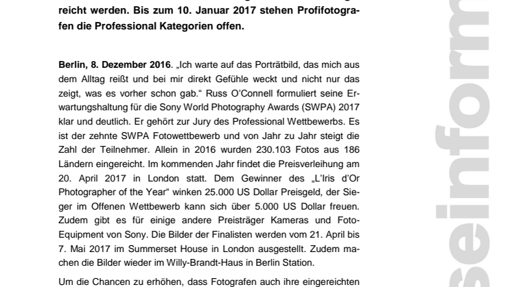 Letzte Chance zu gewinnen: Frist für die Sony World Photography Awards 2017 endet bald