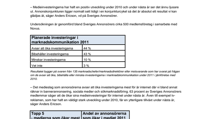 Sveriges annonsörer ökar medieinvesteringarna 2011