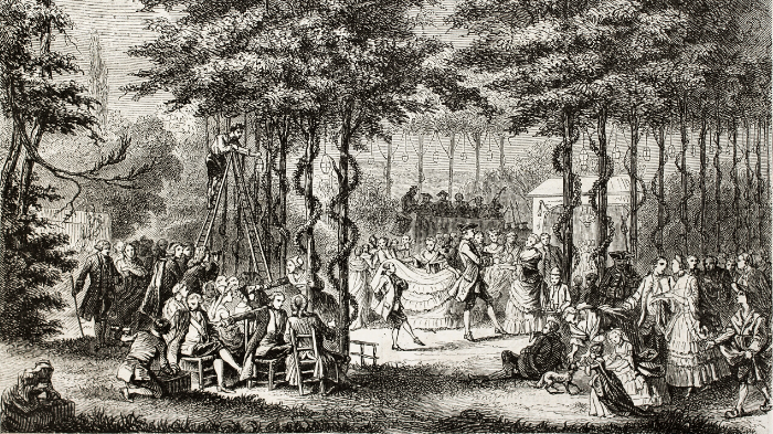 An illustration of dancing in Saint Cloud park, near Paris. Created by Janet-Lange and Best after print of 18th century.