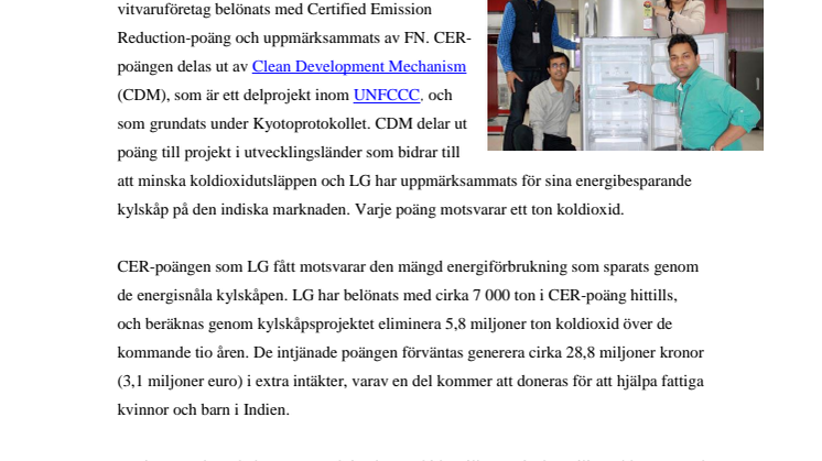 LG UPPMÄRKSAMMAS AV FN FÖR SITT ARBETE MED ATT MINSKA KOLDIOXIDUTSLÄPP	