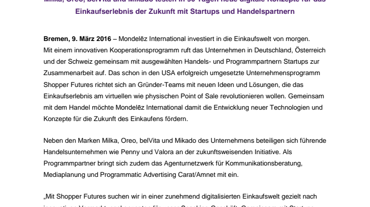 Mondelēz International startet Startup-Programm Shopper Futures in Deutschland