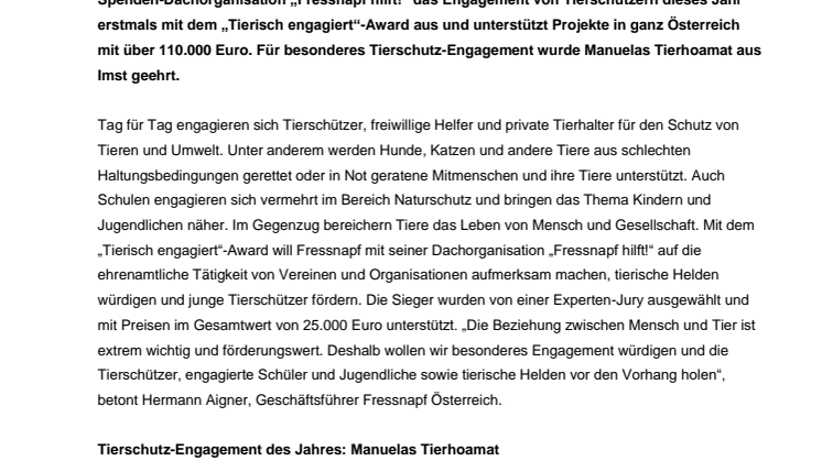 Goldener Fressnapf für Manuelas Tierhoamat aus Imst