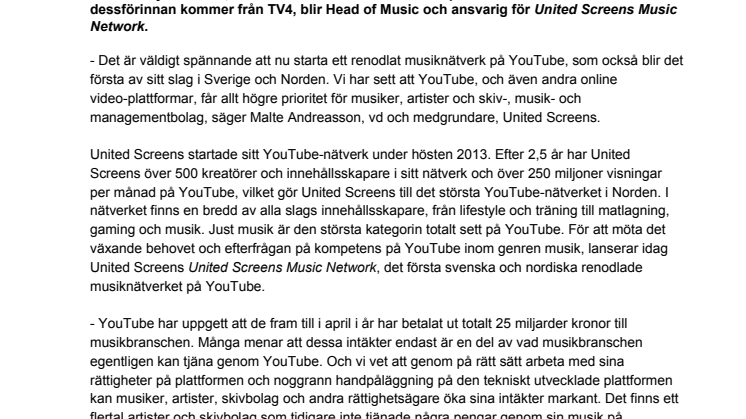 United Screens lanserar första svenska och nordiska musiknätverket på YouTube