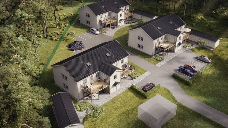 Lägenheterna byggs i tre huskroppar som i sin utformning påminner om New England-villor. 