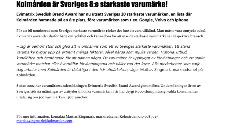 Kolmården är Sveriges 8:e starkaste varumärke! 
