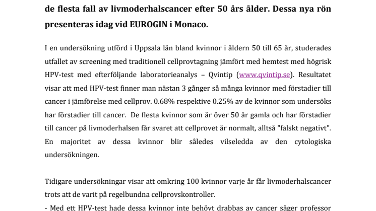 Cellprov bör bytas ut mot HPV test hos kvinnor i menopaus