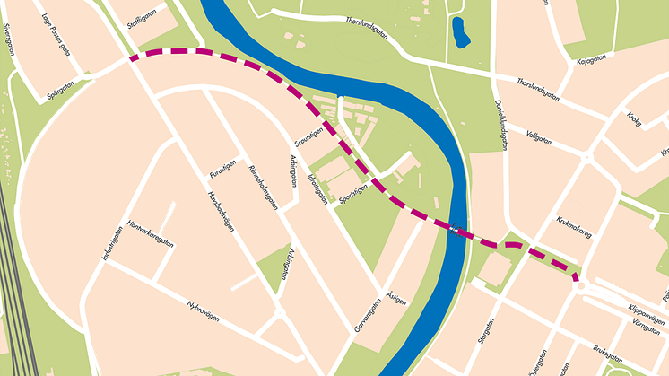 Kartbilden är en visualisering av var Klippanvägens förlängning skulle kunna sträcka sig. Vägens exakta utformning är ännu inte beslutad utan kartans syfte är att ge en uppfattning av området