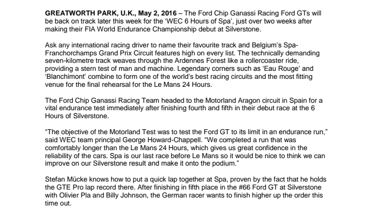 Ford GT står over for sidste store test inden Le Mans