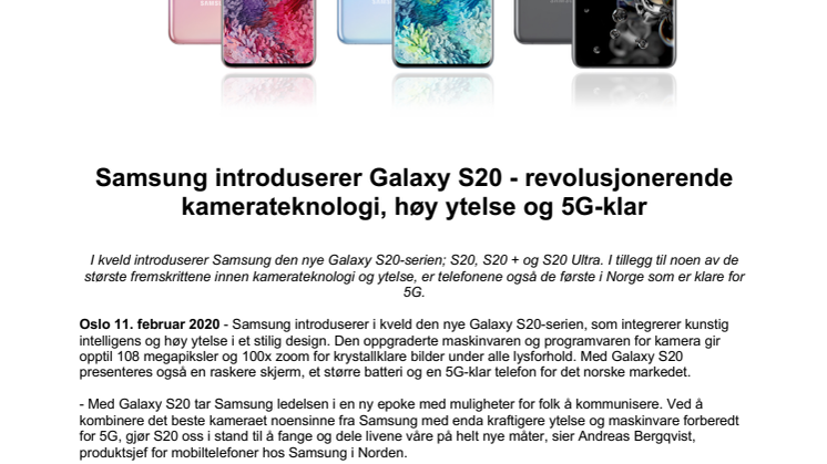 Samsung introduserer Galaxy S20 - revolusjonerende kamerateknologi, høy ytelse og 5G-klar